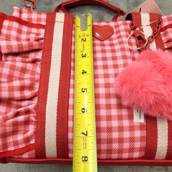Betsey Johnson Heart LB Ruffle Pink Red Gingham Handbag Crossbody Tote Cottage - Picture 8 of 16